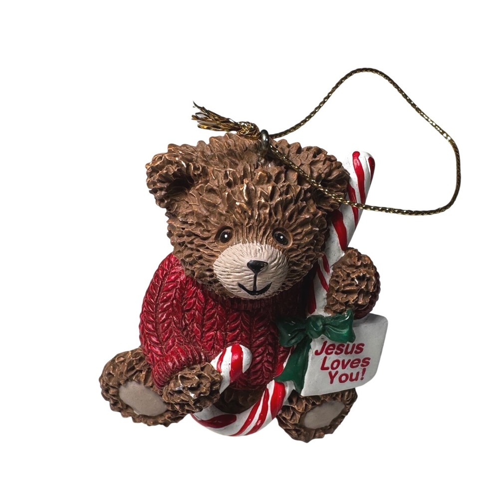 1997 Zondervan Jesus Loves You Teddy Bear Christmas Ornament Candy‎ Cane